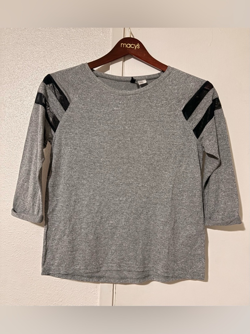 Divided H&M XS Gray Long Sleeve Cuffed Shirt W/ Black Lace Shoulder Stripes